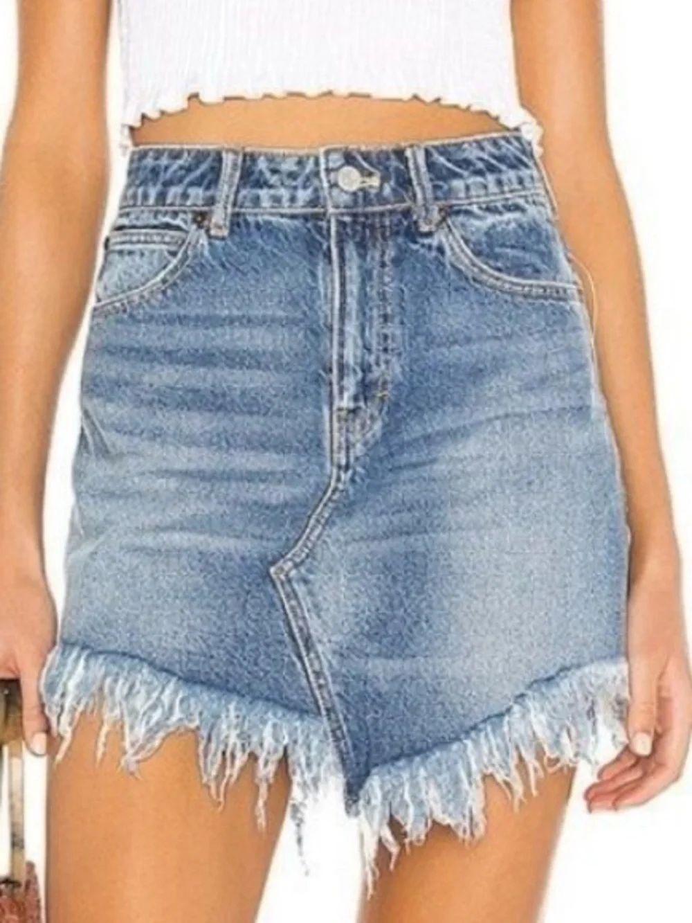 We The Free Blue Denim Frayed Hem Distressed 100% Cotton Mini Skirt Size XS